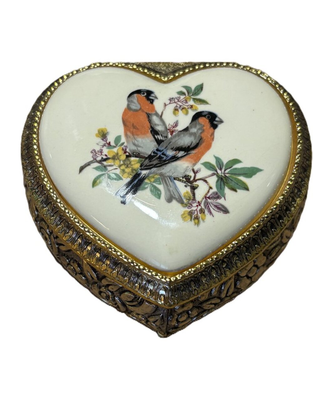 Vintage Mele Porcelain Lidded Jewelry Heart Shaped Metal Trinket Box Birds Scene